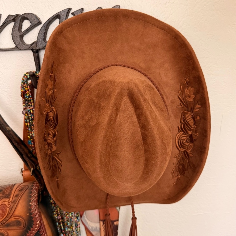 Women's Tan Suede Western Hat with Floral Embossing